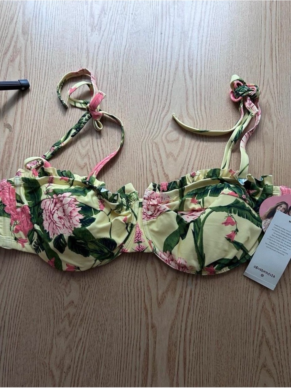 Agua Bendita Yellow Floral Underwire Bikini Top with Pink and Green Print
